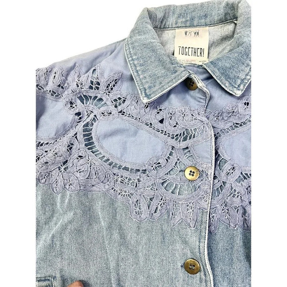 Vtg Denim Jacket Womens Medium Cropped Lace Boho Western 80s Rodeo Jean Boxy - Picture 6 of 15